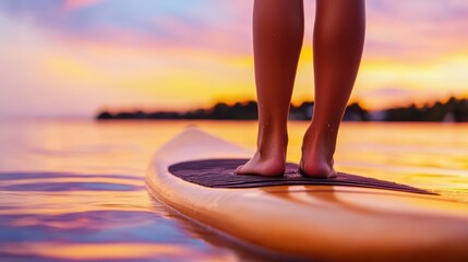 Sunset Paddleboard Silhouette: A captivating image of a lone figure standing on a paddleboard, silhouetted against a fiery sunset. The peaceful scene evokes a sense of tranquility and adventure.