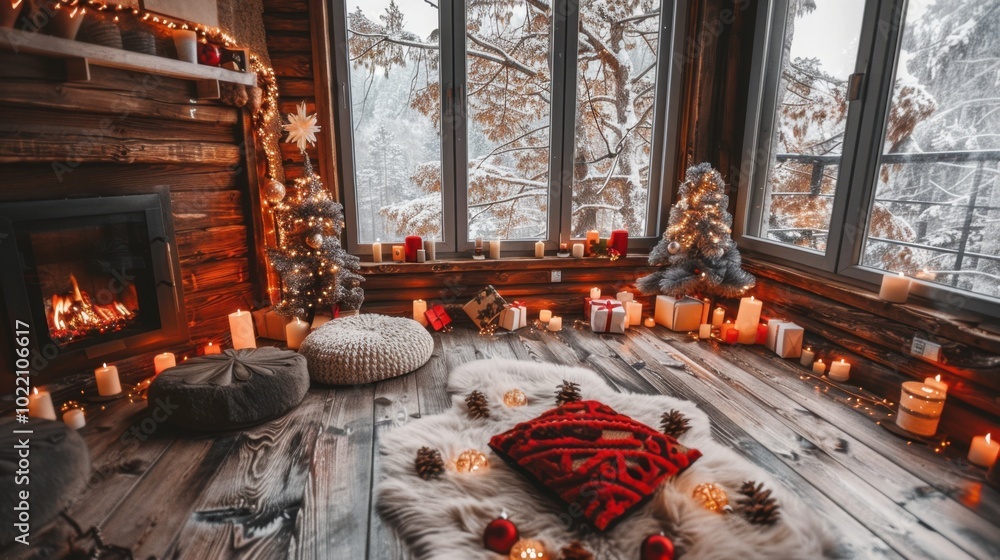 Wall mural Cozy Winter Living Room with Holiday Decorations