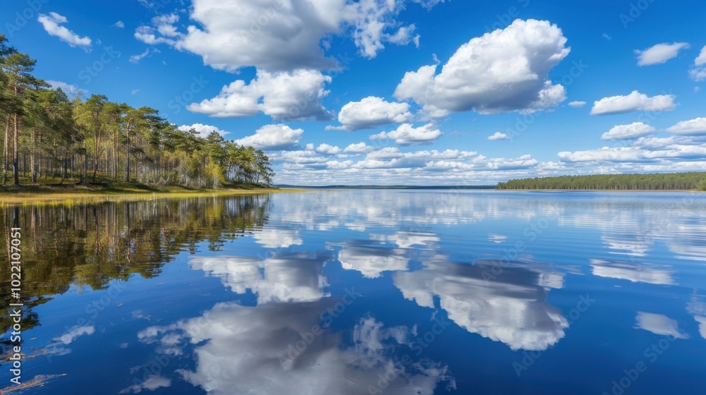 Wall mural Tranquil Lake Reflection Under Blue Sky