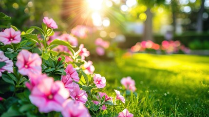 Obraz premium Beautiful Pink Flowers in Sunny Garden Landscape