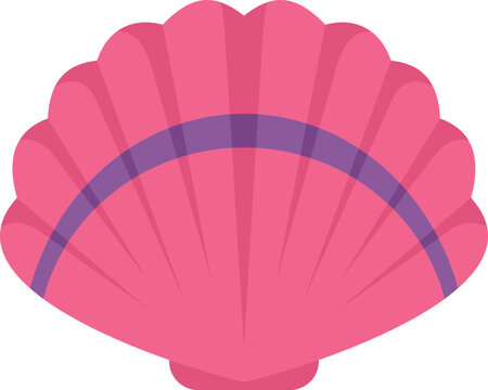 Pink scallop seashell with a purple stripe is depicted in a flat minimalist style on a white background, evoking marine life