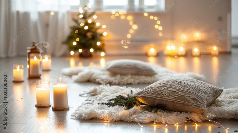 Wall mural Cozy Holiday Setting with Soft Pillows and Warm Lights