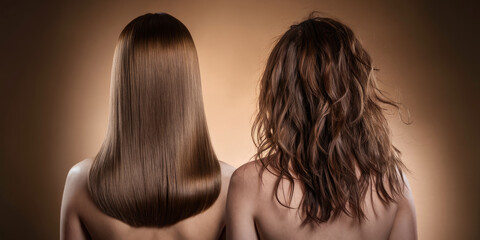Two women with long hair, one with a ponytail and the other with a bob. The woman with the ponytail has her hair pulled back and the woman with the bob has her hair pulled back