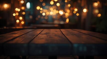 2. **Design a charming image showcasing an empty wood table top with a soft focus on light gold bokeh effects in the background, evoking the ambiance of a cafe or restaurant. The dark background
