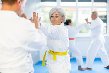 Dynamic photo capturing energy and focus of senior athletics students people fighting in karate class. Obtaining black belt, advanced training, highest dan of martial arts. Sport to max.