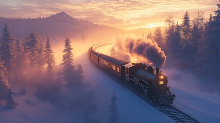 Fototapeta premium Winter wonderland with the Polar Express locomotive racing through snowy forests, capturing the magic of Christmas and the excitement of New Year 2025