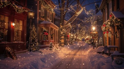 Charming Winter Street with Holiday Lights and Snow