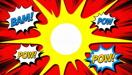 Comic style speech bubbles with words BAM and POW on a dynamic colorful background