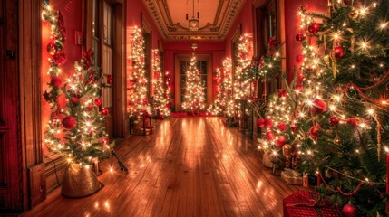 Fototapeta premium Festive Hallway with Glowing Christmas Trees