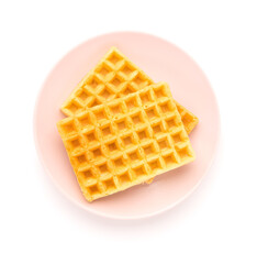Plate with delicious Belgian waffles on white background