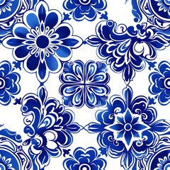 Ethnic folk ceramic tile in talavera style with navy blue floral ornament. Italian pattern, traditional Portuguese and Spain decor. Mediterranean porcelain pottery isolated on white background