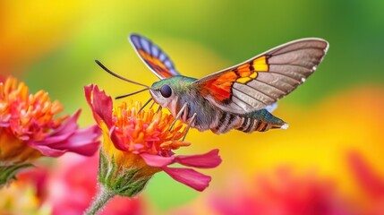 Fototapeta premium Hummingbird Hawk-Moth Feeding on Vibrant Flowers