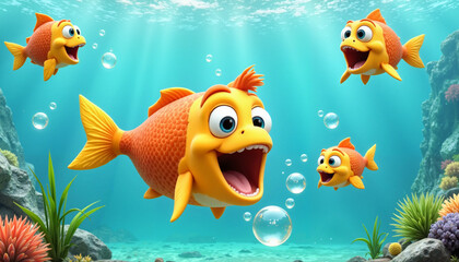 Fototapeta premium Cheerful animated fish with big eyes and smiles swimming in a colorful underwater world
