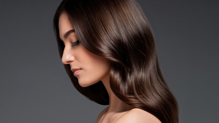 Naklejka premium A woman with long hair is standing in front of a wall. She has a dark brown hair
