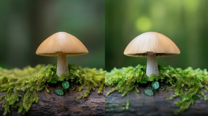 Mushroom in Forest with Mossy Log, AI
