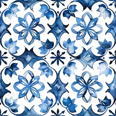 Obraz premium Ethnic folk ceramic tile in talavera style with navy blue floral ornament. Italian pattern, traditional Portuguese and Spain decor. Mediterranean porcelain pottery isolated on white background