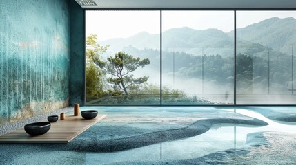 Fototapeta premium Serene Interior with Scenic Mountain View