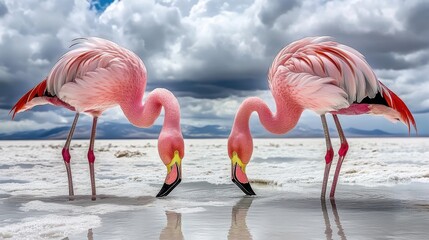 Flamingos Feeding in a Shallow Saltwater Lake