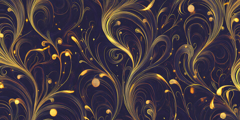 Golden Swirls on Midnight: A mesmerizing pattern of swirling gold lines and dots, reminiscent of elegant calligraphy and delicate floral designs, against a rich, midnight blue backdrop.