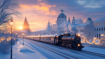 Obraz premium The Polar Express locomotive racing through a beautiful city enveloped in mist, capturing the essence of a Christmas fairy tale for New Year 2025