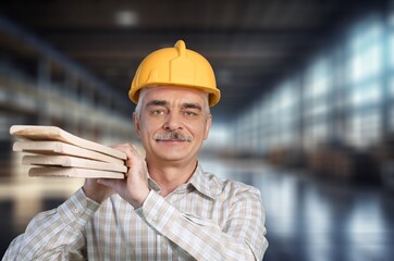 Factory worker wear hard hat ready to work