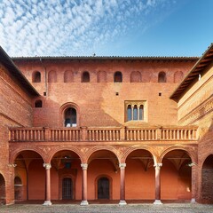 Fototapeta premium detail of a medieval red-brick palace, AI generated