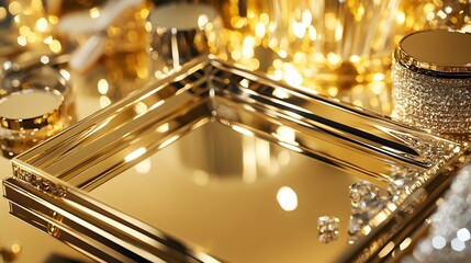 3. **Imagine a glamorous setup on a rich gold background, filled with glittering decorative objects and mirror accents. Incorporate empty trays into the design to enhance the luxurious feel, offering