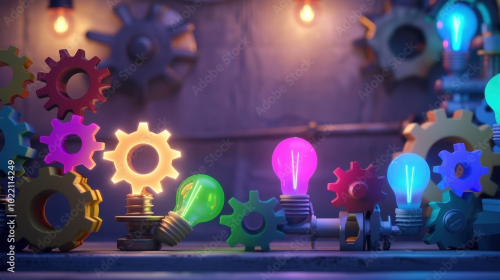 Aufkleber creative gears and colorful lights in a workshop setting