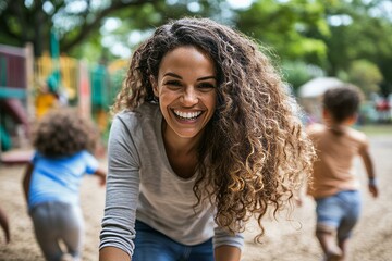 Kindergarten Teacher Playing Outdoors with Children