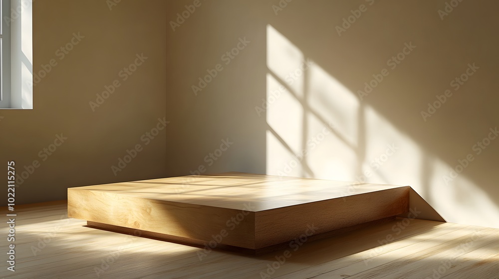 Aufkleber 3. **imagine a bright summer setting with a wooden table displaying a wooden podium bathed in warm s