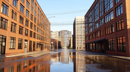 A city street with brick buildings reflecting in a puddle after a rain shower.