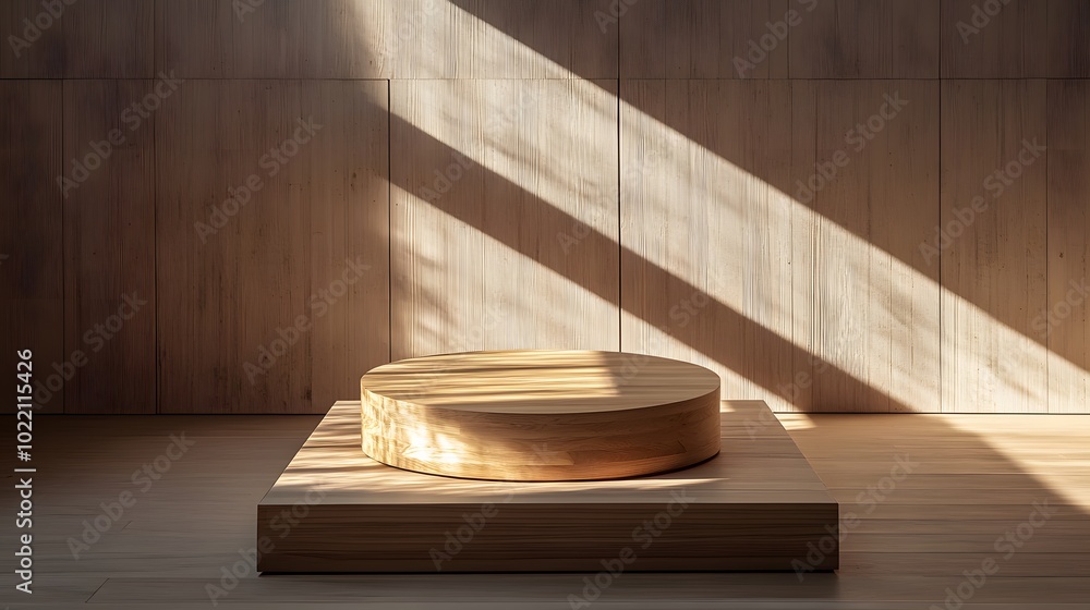Poster 3. **imagine a bright summer setting with a wooden table displaying a wooden podium bathed in warm s