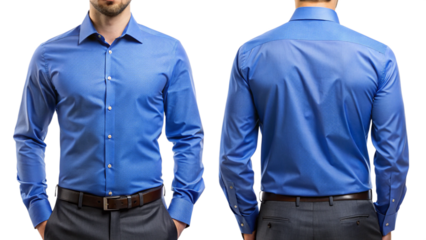 A stylish blue dress shirt featuring a classic collar and button-down design. The shirt is tailored to fit well, with long sleeves and a smooth finish, suitable for both formal and casual occasions.