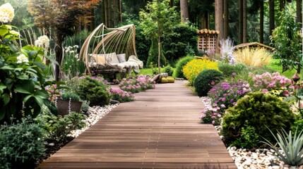 Serene Garden Pathway Surrounded by Lush Flora