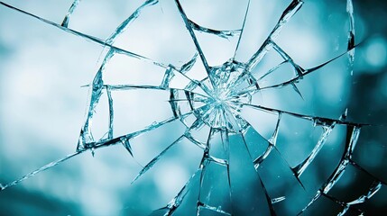 Obraz premium Dynamic shattered glass texture background with chaotic cracks and sharp shards radiating outward.