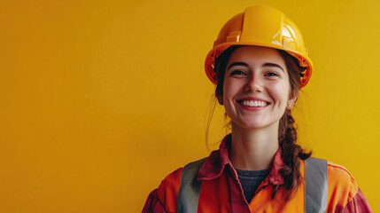 Woman in hard hat & orange shirt inspecting construction site, holding blueprints with buildings in background & construction equipment scattered around.