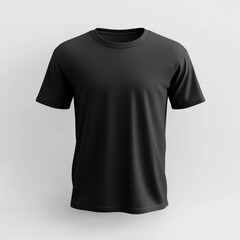 Black t-shirt mockup on wooden table, minimalist style.