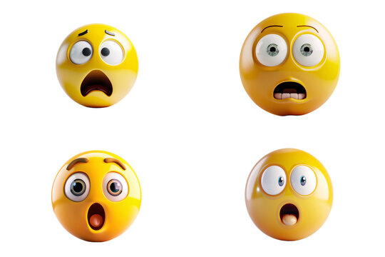 Four 3D yellow emoji faces with different expressions of surprise and shock isolated on white background. Generative ai
