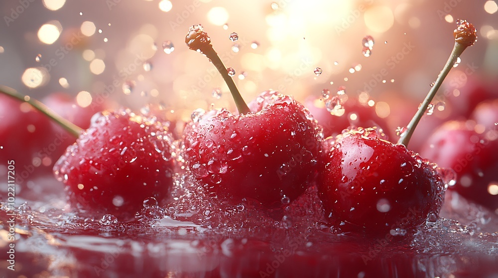 Poster red cherries splashing in water with a bokeh background.