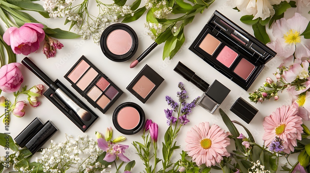 Poster 1. **create a vibrant flat lay composition featuring an array of makeup products artfully arranged a