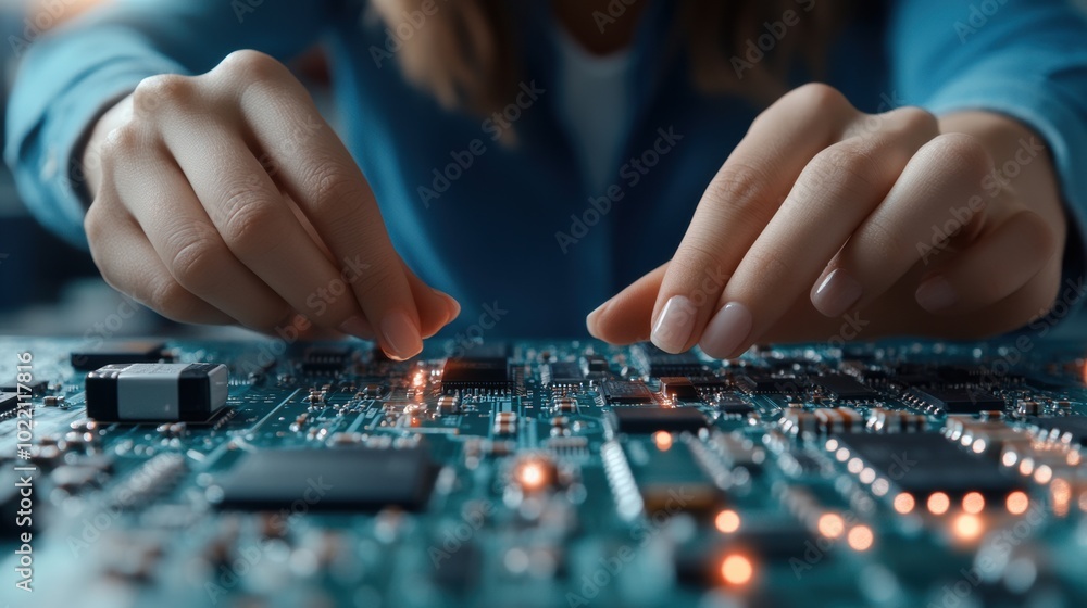 Aufkleber hands assembling a circuit board in a tech workshop, ai