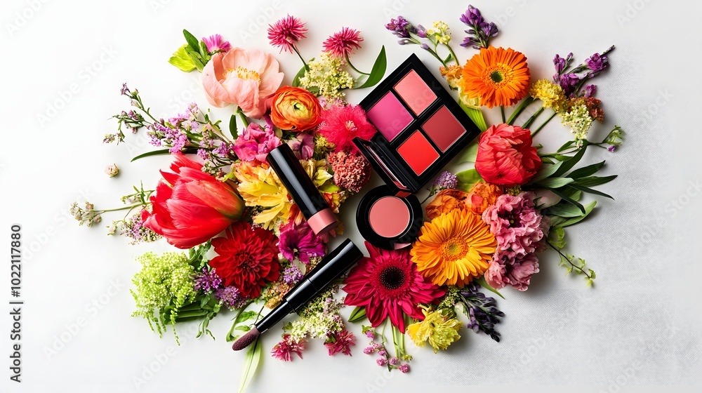 Poster 1. **create a vibrant flat lay composition featuring an array of makeup products artfully arranged a