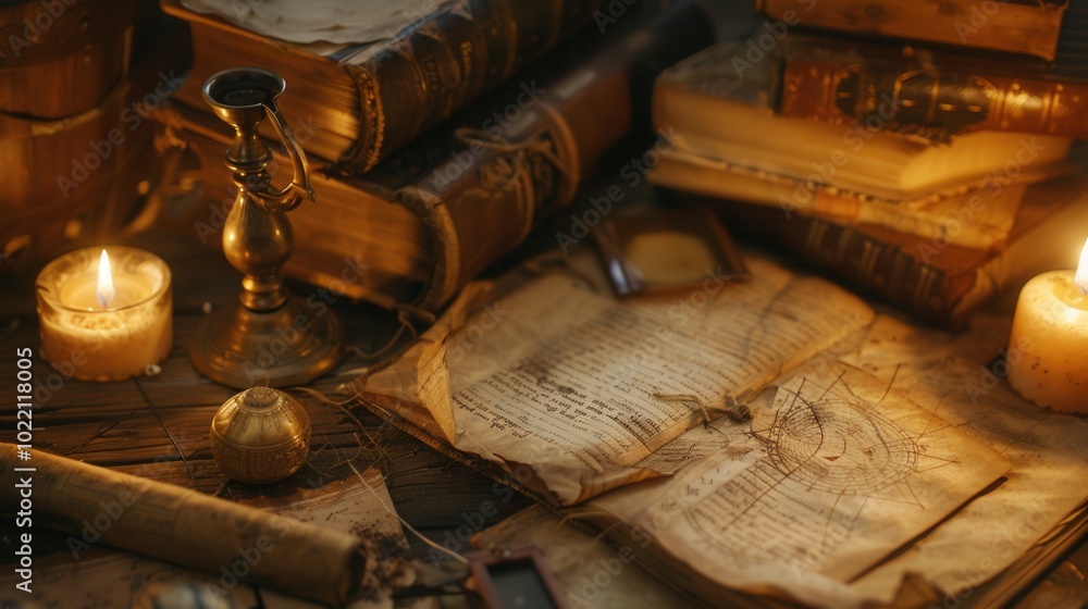 Poster a collection of ancient books and scrolls lies open on a wooden table, illuminated by flickering can