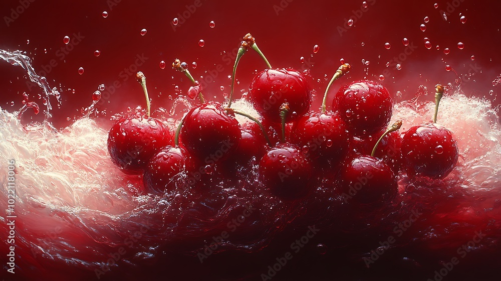 Poster a cluster of fresh red cherries splash into a pool of water, creating a vibrant and dynamic composit