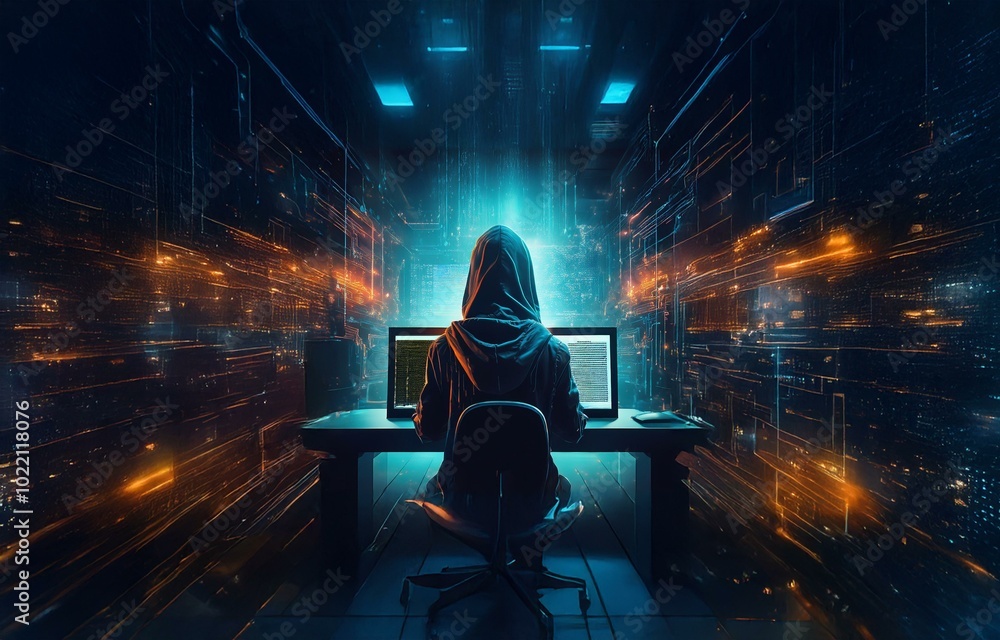 Poster a hooded figure sits at a desk facing two computer monitors in a dark, futuristic setting with glowi