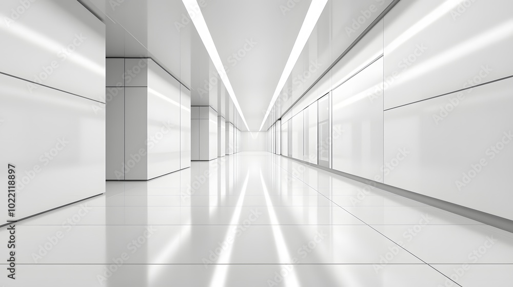 Poster 1. **create a modern architectural illustration of an empty product corridor, featuring a sleek tunn