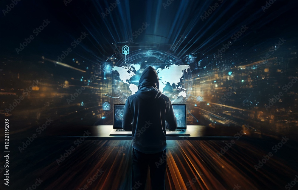 Poster a hooded figure stands at a desk with two laptops in front of them. behind them is a digital project