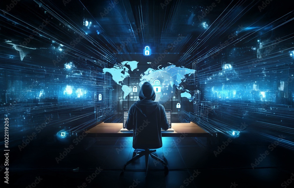 Poster a hooded figure sits in front of a computer screen, surrounded by glowing blue lines and locks, with