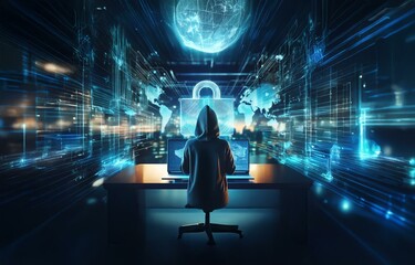 A hooded figure sits at a desk with a laptop in front of them, surrounded by blue glowing lines and a glowing orb.