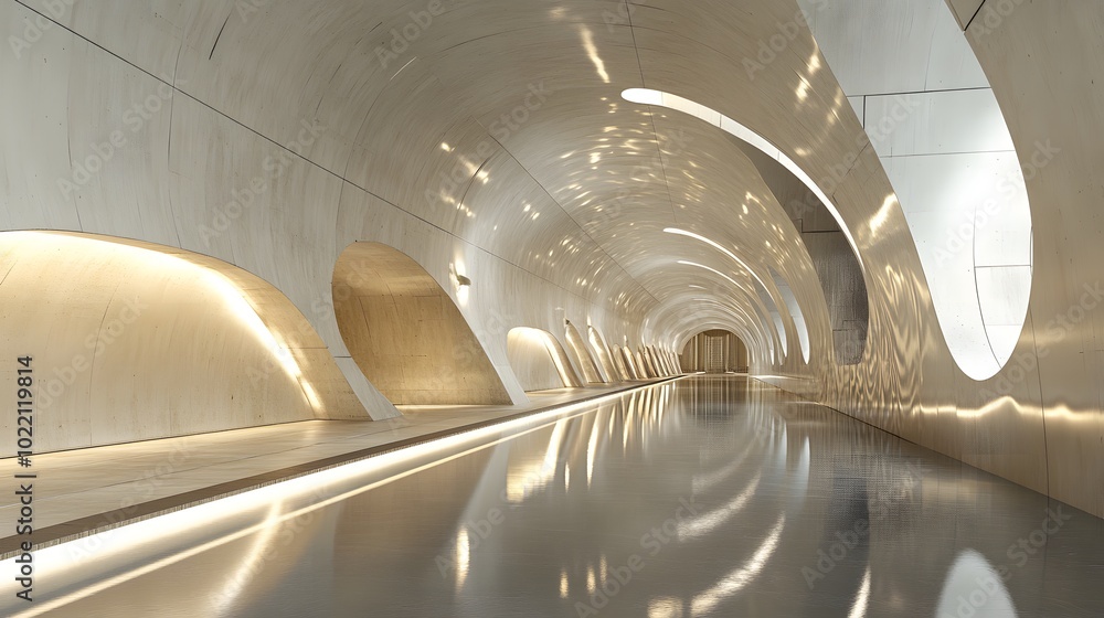 Poster 2. **design an empty tunnel corridor with a sophisticated interior, highlighting smooth, reflective 